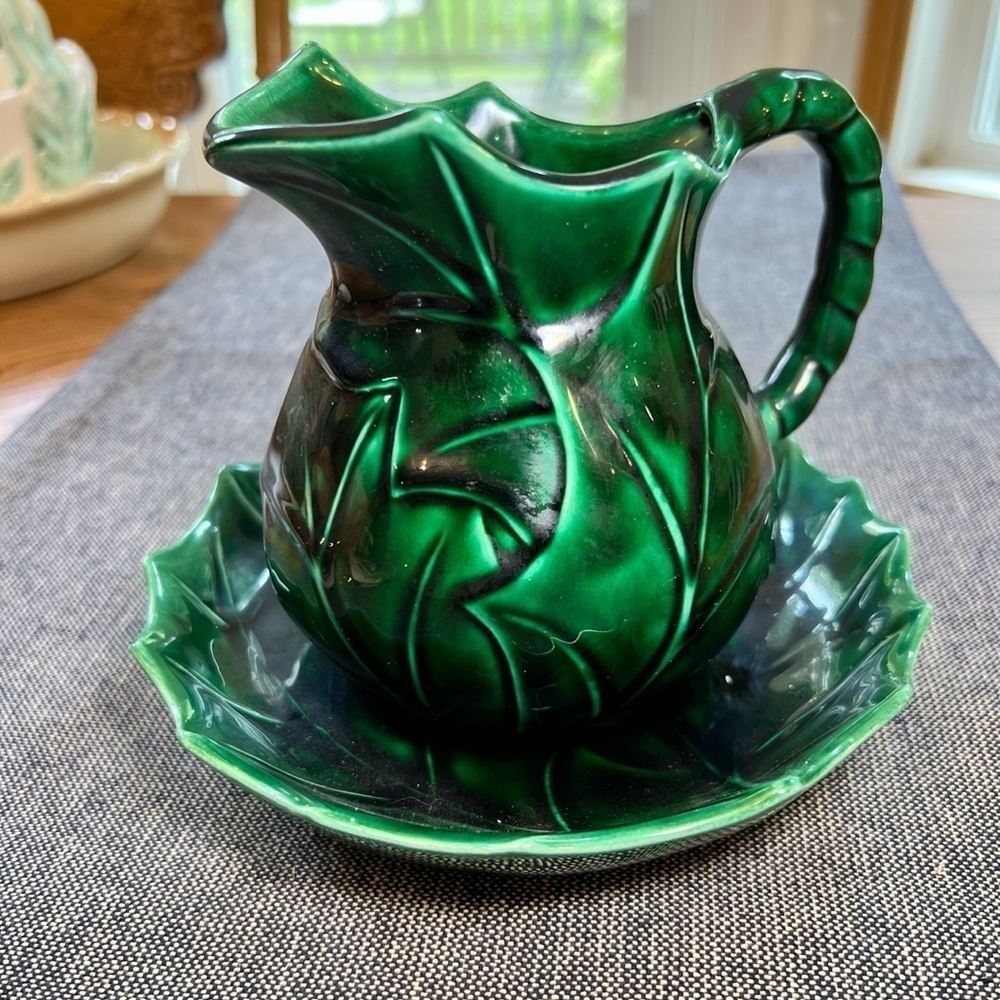 Vintage Ceramic Green Holly Leaf Gravy
Pitcher & Under Plate